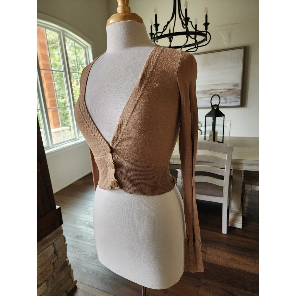 VTG‎ Y2K American Eagle Fitted XS Cropped Cardigan Tan Brown Long Sleeve V Neck